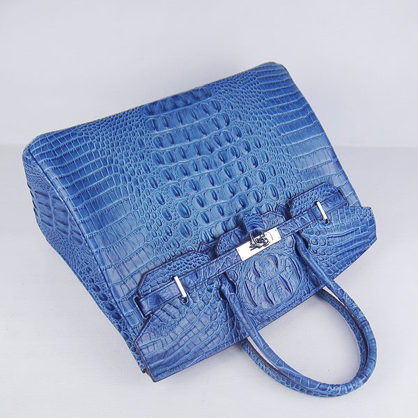 High Quality Fake Hermes Birkin 35CM Crocodile Head Veins Leather Bag Dark Blue 6089